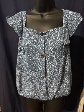Sienna Sky Blue Floral Button-Front Ruffle Sleeve Blouse